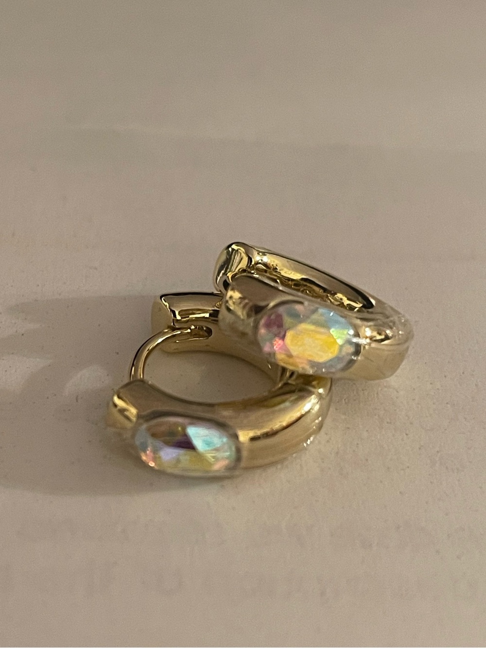 Gold Huggie Hoop Earrings with Iridescent Gemstone
